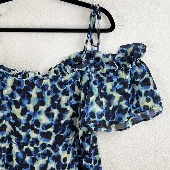 Topshop Frill Bardot Tie Off Shoulder Blue Leopard Animal Mini Dress 14 NWT - Picture 6 of 13